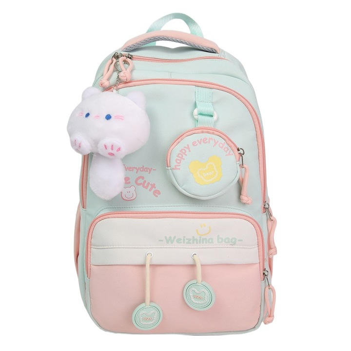 Iskolatáska diákoknak, színes design, nagy kapacitás, plüss medállal