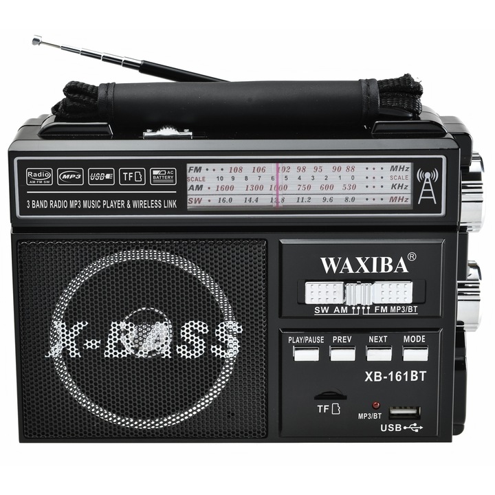 Преносимо радио Elworld XB-161BT, AM/FM/SW 3-лентово радио, MP3 плейър, вградена акумулаторна батерия, LED фенерче, черно, 19.8x8.3x15.1см