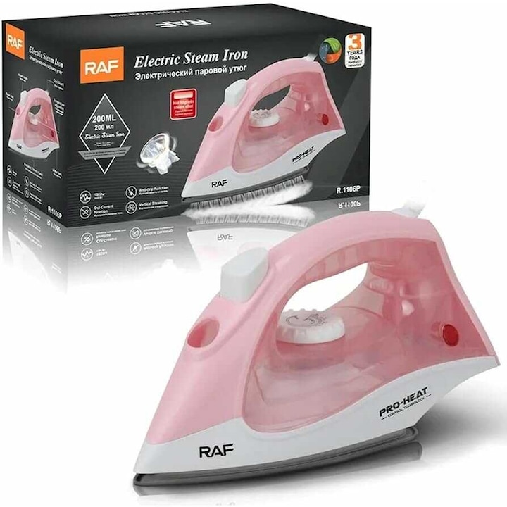 Fier de călcat cu aburi Raf R.1106P, cu reglare a temperaturii, rezervor de apă de 200 ml, roz, 1800 W