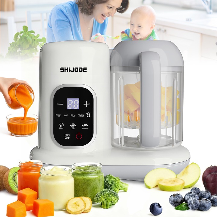 Robot de Bucatarie si Blender Bebelusi，SHIJOOE®，Gatire la Aburi，dezghet，incalzire, aburire，si Mixare Automata，pastreaza vitaminele si mineralele，Panou Tactil，Temporizator，multifunctional，detasabil si usor de curatat，Avertizare Lipsa Apa，Gatire Sanatoasa