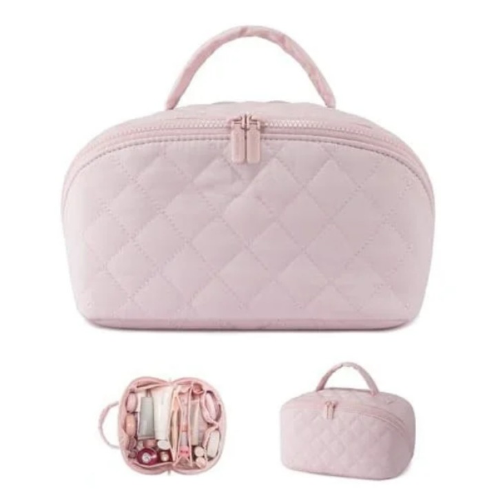 Geanta cosmetice, mare si pufoasa, design pliabil la 180°, compartimente spatioase, usor de spalat, rezistenta la deformare, 25×14×13 cm - MAKEPACK roz VIVVA®