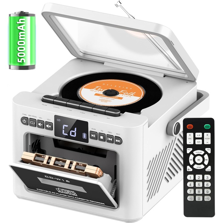 Radio cu casetofon si player CD, baterie reincarcabila 5000 mAh, afisaj LED, telecomanda si maner portabil, difuzoare duble, redare USB/AUX/MP3/Card TF, iesire Jack casti 3, 5 mm, sistem audio multifunctional, alb