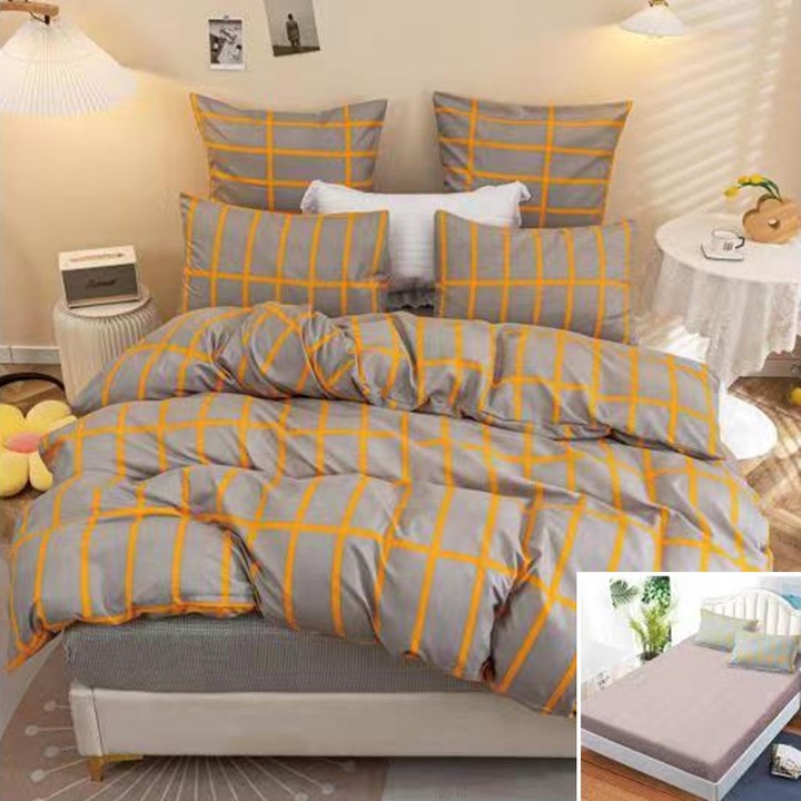 Lenjerie de pat set 4 piese, bumbac satinat cu elastic, gri/linii aurii, 180x200cm, 200x230cm, 55x75cm