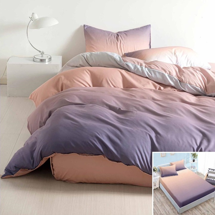 Lenjerie de pat 4 piese, bumbac satinat, mov și crem degrade, 180x200cm, pentru 2 persoane