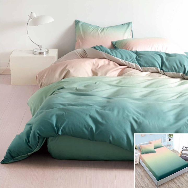 Lenjerie de pat, 2 persoane, bumbac satinat, 4 piese, cu elastic, verde si crem, degrade, LS4024