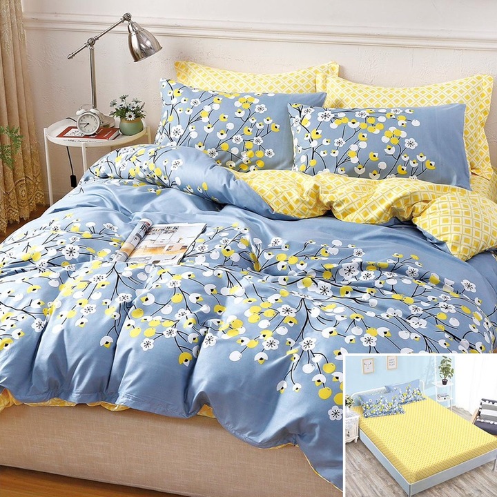 Lenjerie de pat, 2 persoane, bumbac satinat, 4 piese, cu elastic, albastru si galben, cu floricele, LS4026