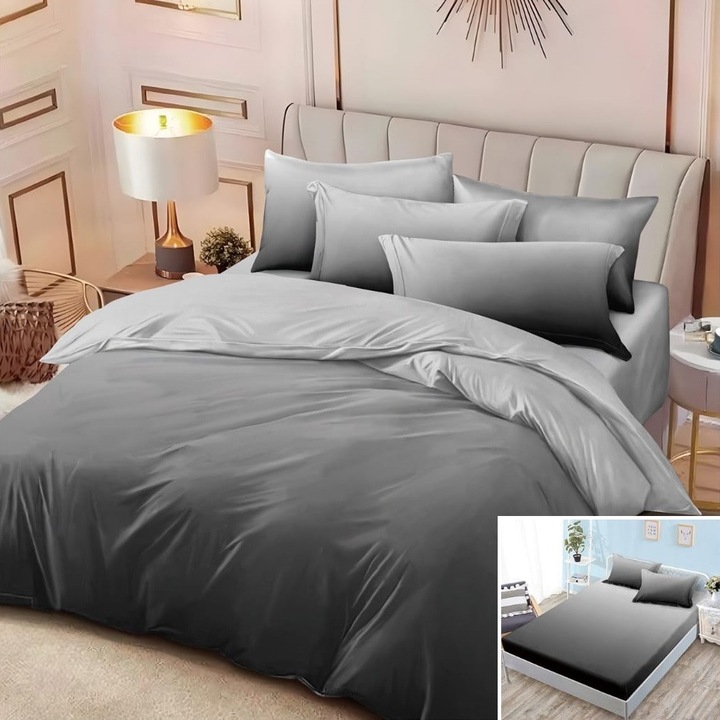 Lenjerie de pat, 2 persoane, bumbac satinat, 4 piese, cu elastic, gri inchis, degrade, LS4048