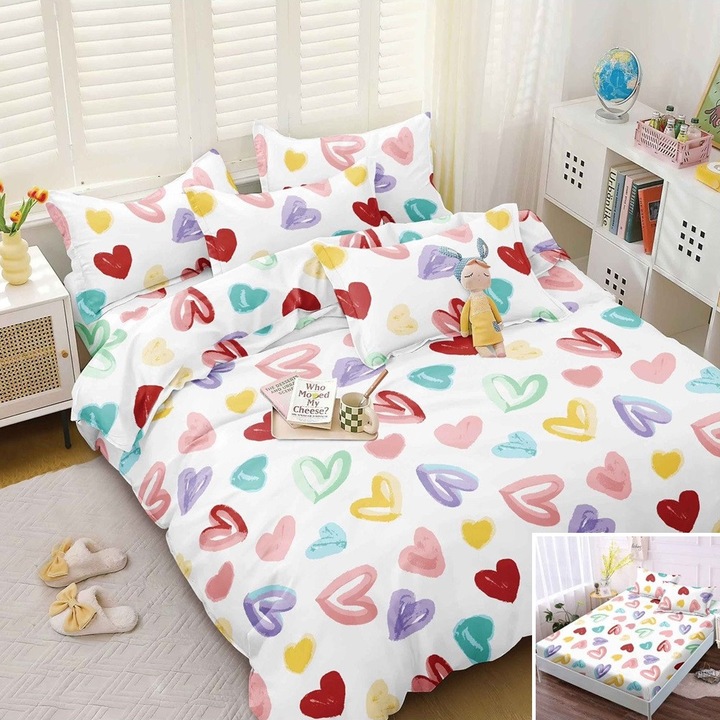 Lenjerie de pat, 2 persoane, bumbac satinat, 4 piese, cu elastic, alb, cu inimi colorate, LS4062