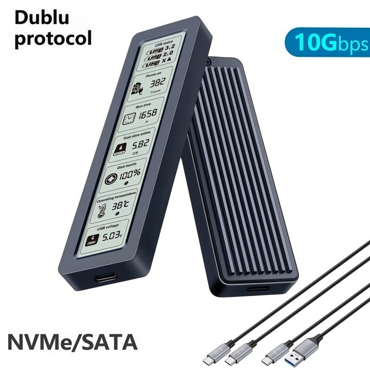 Външен корпус за SSD M.2, AjieQaQ®, съвместим с NVMe и SATA, черен, капацитет до 8TB, 10Gbps, USB-C порт, USB 3.2 Gen 2, алуминиев корпус, LCD екран, бърз трансфер, plug and play, устойчив на удари, компактен и преносим