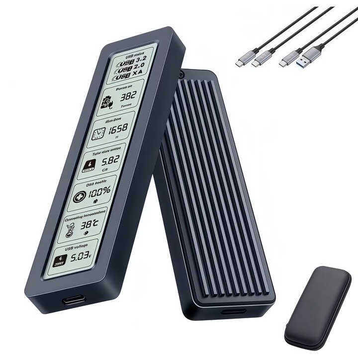 Carcasa externa pentru SSD M.2 AjieQaQ®, Compatibila NVMe si SATA, Suport pana la 8TB, 10Gbps, USB-C 3.2 Gen 2, Aluminiu, Ecran LCD, Transfer rapid, Plug-and-play, Rezistenta la socuri, Include husa de transport si cablu USB-C, Negru
