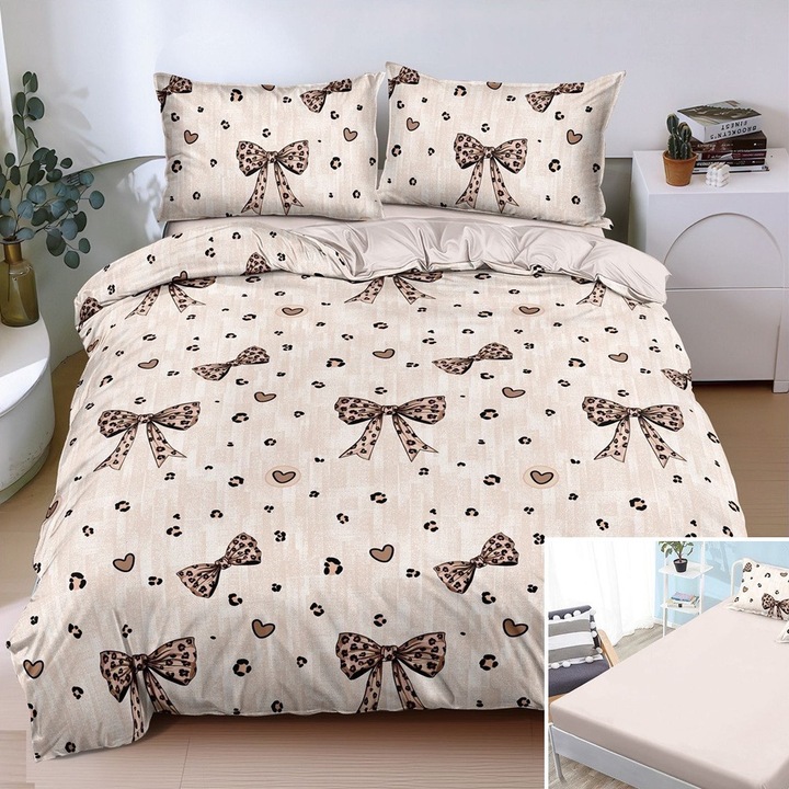 Lenjerie de pat, 2 persoane, bumbac satinat, 4 piese, cu elastic, crem, cu fundite, LS4093