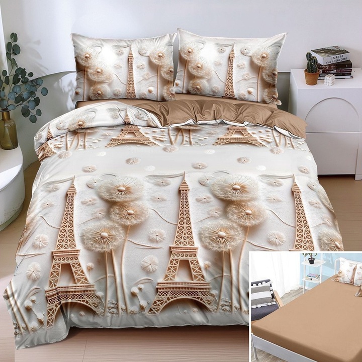 Lenjerie de pat, 2 persoane, bumbac satinat, 4 piese, cu elastic, crem, cu turnul Eiffel, LS4096