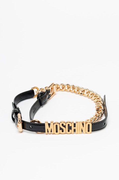 Curea Dama Moschino Skinny, piele de vitel premium, logo metalic auriu, latime 2cm