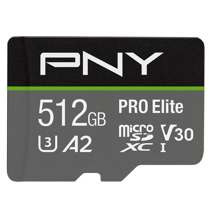 Card memorie MicroSDXC PNY 512GB UHS-I A2, adaptor SD, viteze 100x60MB/s
