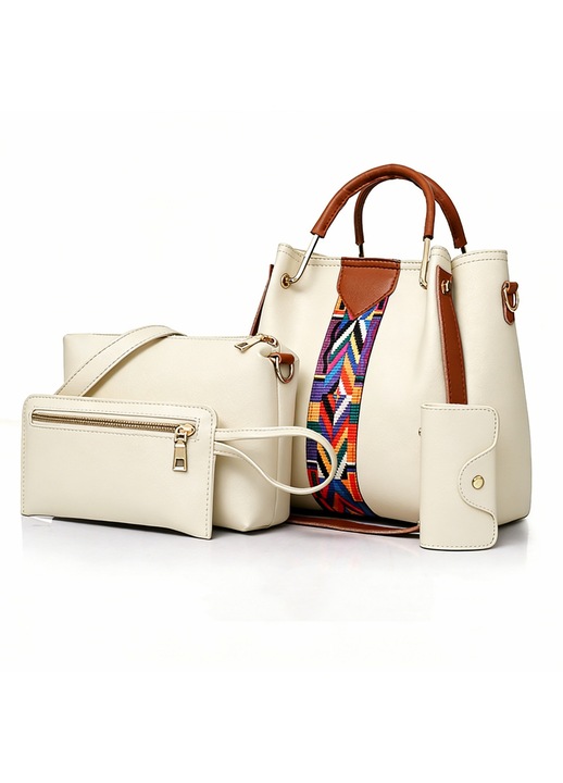 Set 4 Genti Dama, Tote si Crossbody, Design Bicolor, Capacitate Mare, Beige, 25x25x13cm, potrivit zi de zi si Calatorii, Cadou Perfect