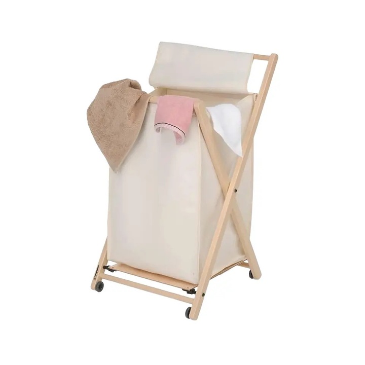 Cos de rufe mobil pliabil Foppapedretti, ANGEL, cu capac textil, structura din lemn masiv de fag, rezistent la uzura, roti pentru transport, compartiment lavabil in masina de spalat rufe, design practic si elegant, model minimalist, lemn natur