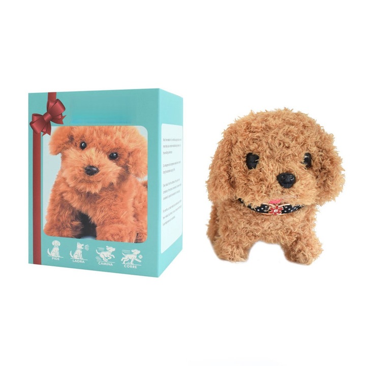 Caine de plus interactiv, jucarie electrica, functie de mers, material moale, culoare maro