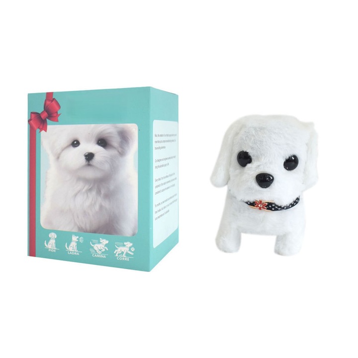 Caine de plus interactiv, jucarie electrica, functie de mers realista, material moale, alb