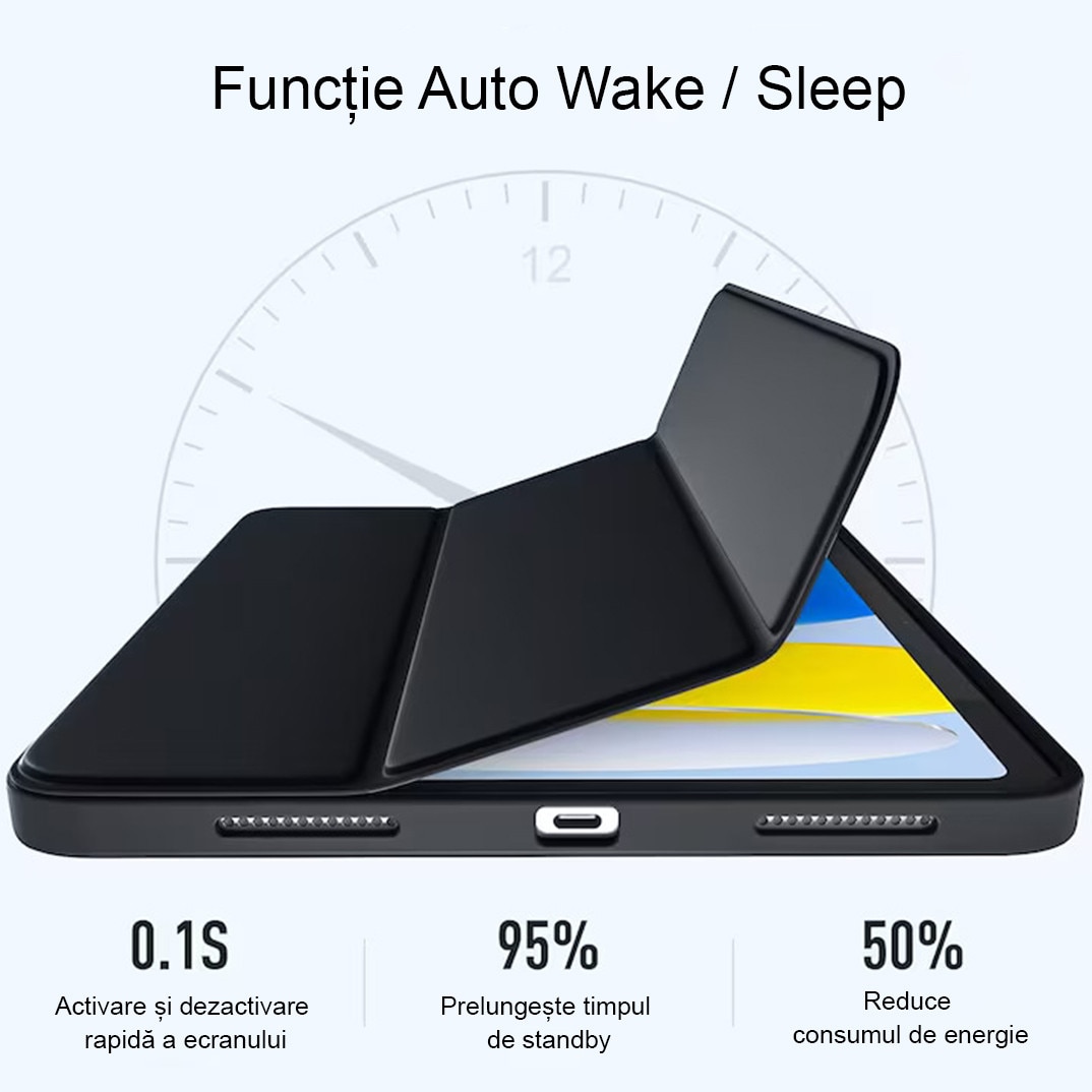Husa de protectie pentru iPad 11″ (generatia 11, 2025 – A16) si iPad 10, 9″ (generatia 10, 2022), husa inteligenta cu suport pliabil in trei pozitii, spate ultra-subtire, culoare negru, vadrami