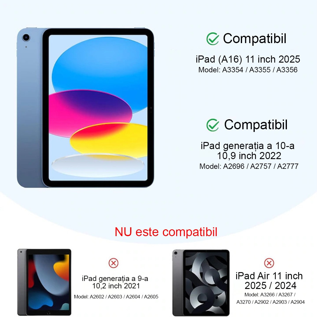 Husa de protectie pentru iPad 11″ (generatia 11, 2025 – A16) si iPad 10, 9″ (generatia 10, 2022), husa inteligenta cu suport pliabil in trei pozitii, spate ultra-subtire, culoare negru, vadrami