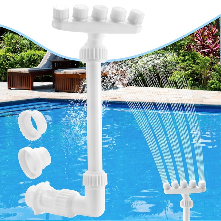 Каскаден фонтан за басейн, с 5 дюзи и въртене на 360°, регулируема височина и дебит, за вградени и надземни басейни, охлаждане и декорация, пластмаса, бял, 40см