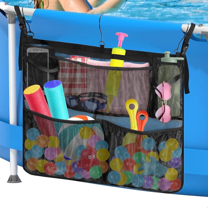 Чанта за съхранение на басейн с 3 куки и 5 джоба, 60x50 см, черна, здрава полиестерна мрежа, капацитет 10 кг, многофункционален органайзер, странична кошница за аксесоари, играчки и кърпи, за надземни басейни и градина