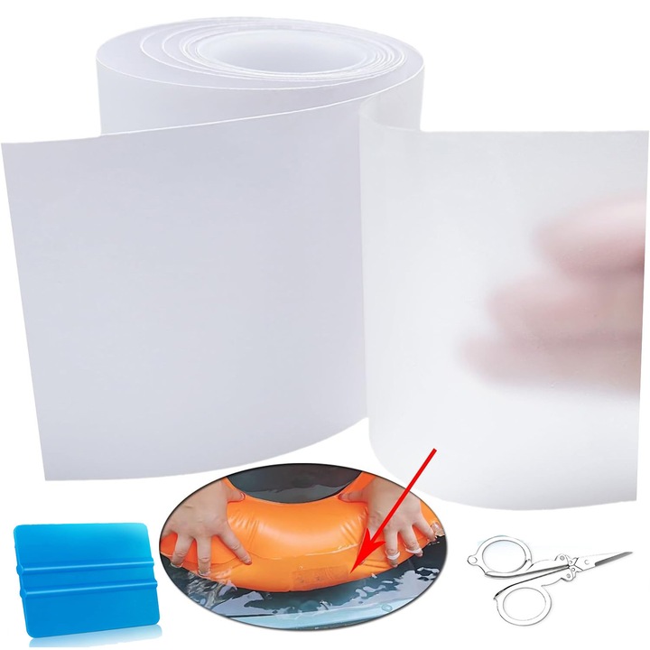 Medence Javító Készlet, Öntapadós Vízálló TPU Szalag 10x150 cm, Átlátszó, Kaparóval és Ollóval, Medence Javításához, Vízi Matrachoz, Felfújható Csónakhoz és Légmatrachoz