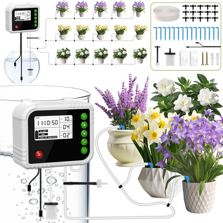 Sistem Irigare Automata pentru Interior, Kit Picurare Automata pentru 15 Plante in Ghivece, cu Programare Multipla si Timp Reglabil, Pompa 400ml/min, 2200mAh, 880 Moduri si Conducta 15m, Afisaj LCD, pentru Vacanta si Calatorii