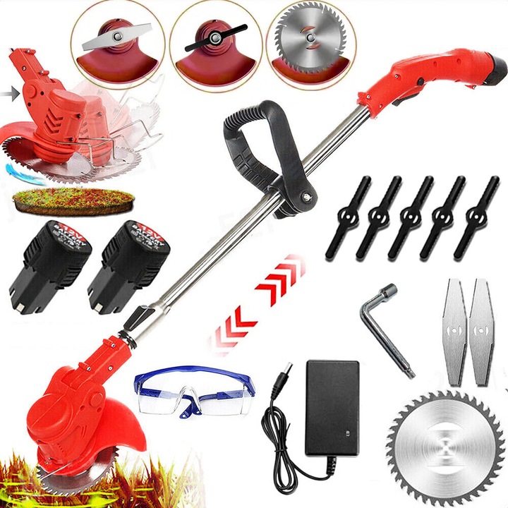 Masina de tuns iarba electrica Cu Acumulator, Fara Fir, Lame Interchangeabile, 18000RPM, cu 2 Baterii 12V 3000mAh, Brat Ajustabil, inaltime reglabila, Trimmer si Disc Taiere pentru Iarba, Tufe si Gradina, Rosu