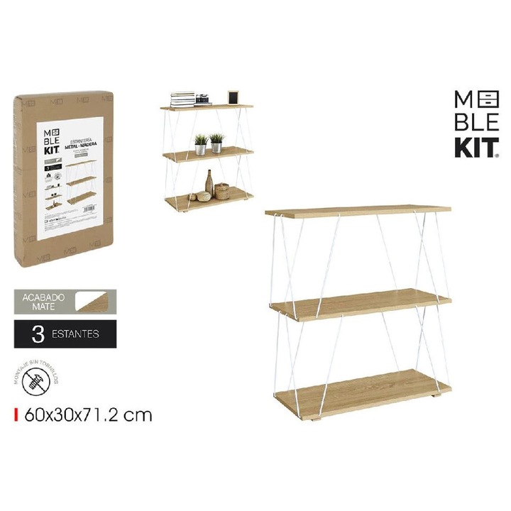 Raft depozitare Moblek, 3 niveluri, structura metalica si rafturi din lemn, Alb