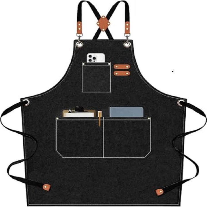 Sort din denim unisex, cu buzunare multiple, bretele incrucisate reglabile, mare, pentru bucătărie și activități creative