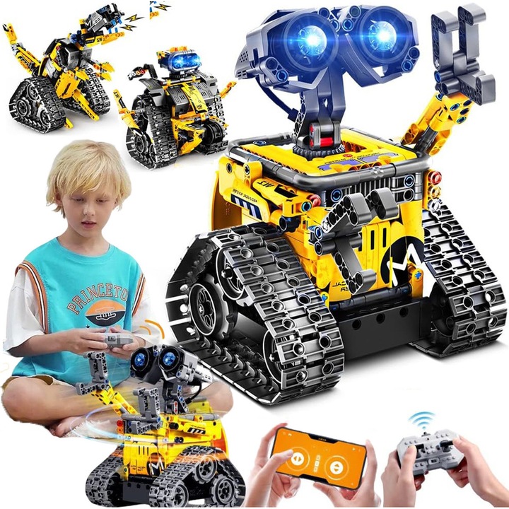 Robot programabil 3 in 1 cu aplicatie si telecomanda, YOUKUKE®, Jucarie de constructie STEM 3 in 1 cu 520 de piese, potrivit pentru interior si exterior, set de constructie din blocuri, Negru/Galben