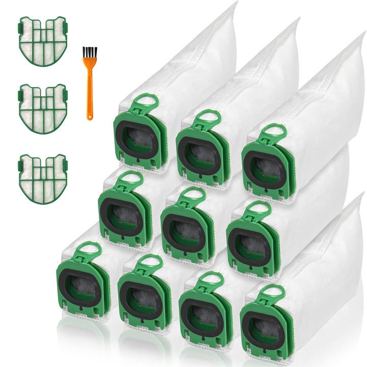 Set 10 saci aspirator, compatibil Vorwerk Kobold VB100 FP100, YOUKUKE®, material netesut, Cu 3x filtru, 1x perie de curatare, 24.5 x 7 x 5.9 cm