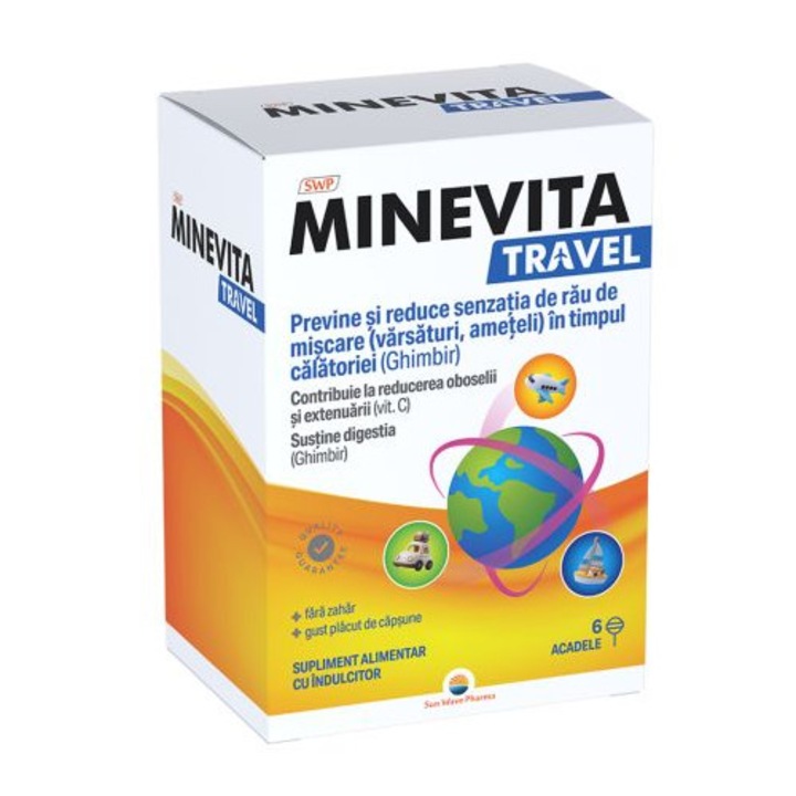 Minevita Travel, Sun Wave Pharma, acadele cu extract de ghimbir si vitamina C pentru confort digestiv si reducerea oboselii in timpul calatoriilor, 6 acadele