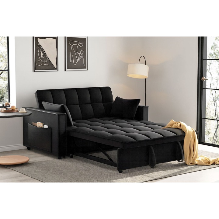 Kihúzható kétszemélyes kanapé, 140 x 77 x 85 cm, kárpitozott, fekete bársony, One Marketmob modell