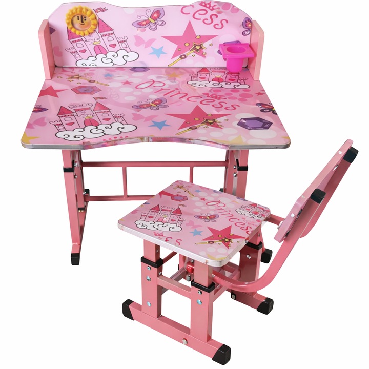 Set Birou cu Scaun pentru Copii, RAC, Birou 70x44 cm, Scaun 32x28 cm, Culoare Roz, Model Printese