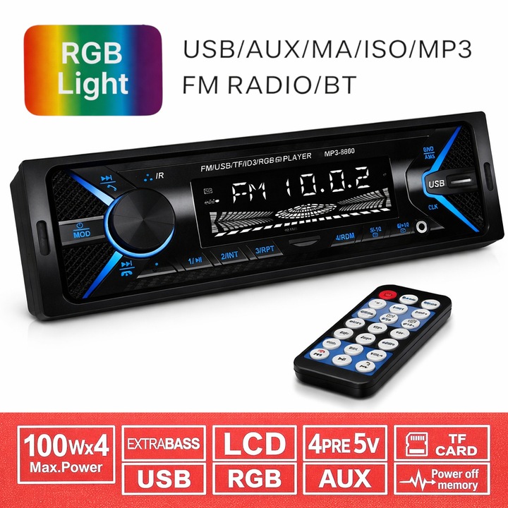 Casetofon auto RGB cu Bluetooth, MP3 player, USB, card SD, Radio, telecomanda