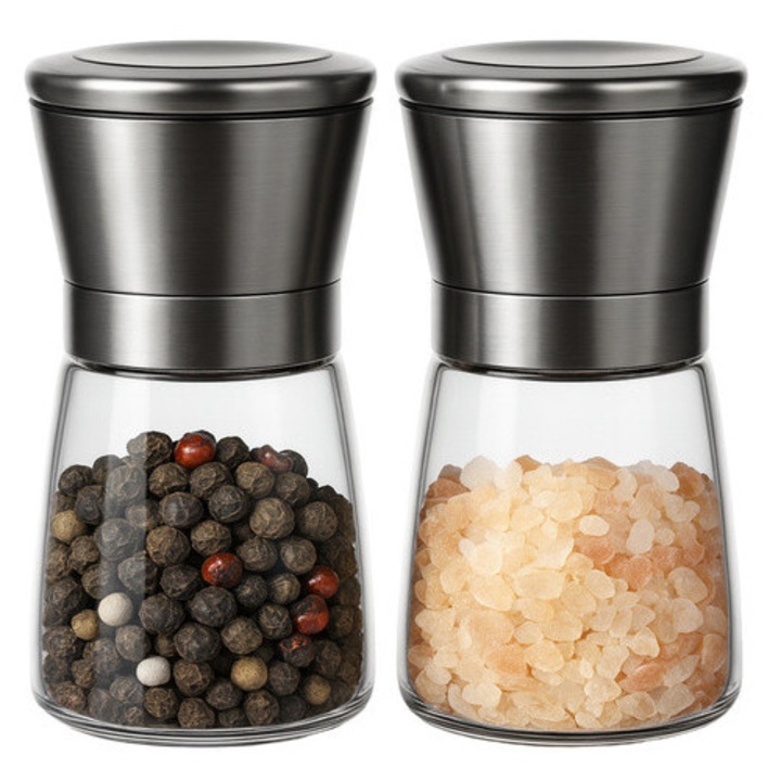 Set 2 rasnite manuale PureFlavor, pentru sare si piper, 5 niveluri de reglaj, mecanism ceramic, 190 ml, Sticla si Inox, Argintiu