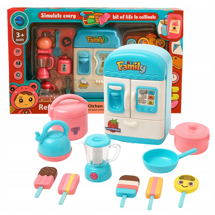 Комплект детска кухня, Yiwu, Хладилник, Готвене с аксесоари, Цветен, 3+ години