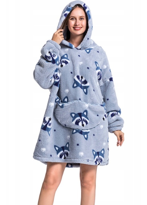 Hanorac dama SkibiStore, supradimensionat, 2in1, gri cu imprimeuri de ratoni, polar de inalta calitate, cu buzunar cangur si gluga mare, One Size INTL