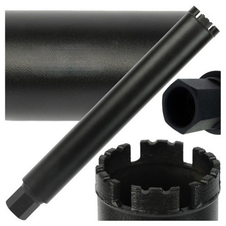 Професионална диамантена боркорона за бетон, камък, плочки, Zola, 6 диамантени сегмента, резба 1.1/4 UNC, диаметър 63 мм, дължина 450 мм, манганова стомана, черна