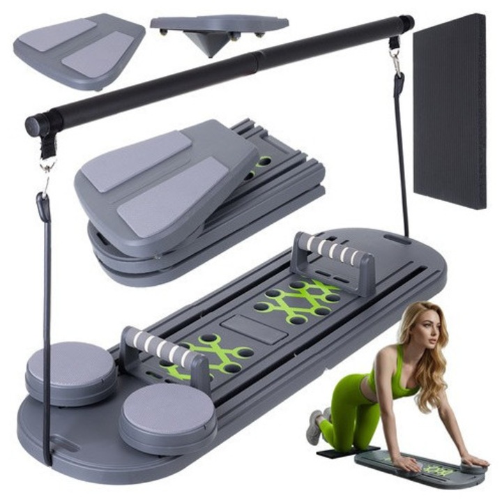 Пилатес дъска за тренировки Zola, сгъваема, дръжки за лицеви опори, колело за упражнения, ленти за съпротивление, нехлъзгаща се, постелка, 97 x 30 см, сив/зелен