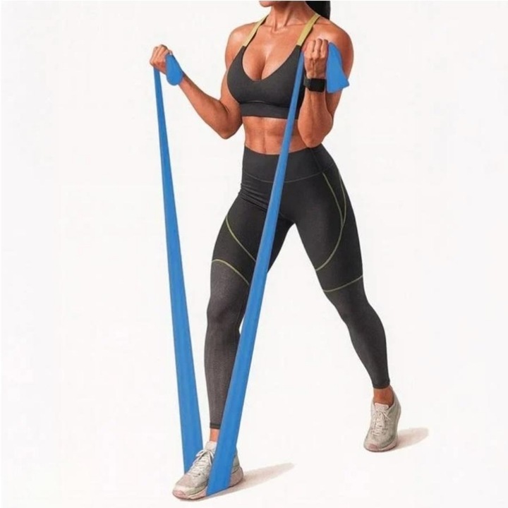 Banda elastica, de rezistenta medie, pentru fitness/yoga, latex, albastru, 175x15cm