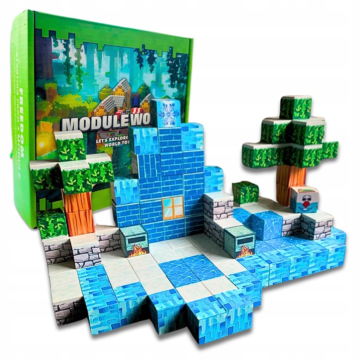 Set de constructie magnetice Module World, 144 piese, diverse imprimeuri, pentru copii de la 6 ani, cutie colectionare