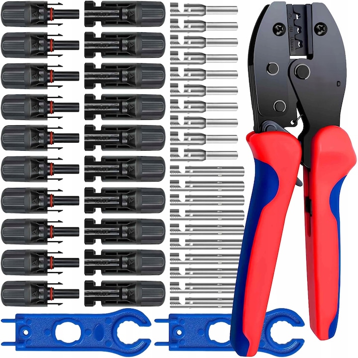 Set cleste sertizare pentru instalatii fotovoltaice, Zola, 10 conectori MC4, diferite marimi 2.5/4/6/10 mm², 2 chei asamblare