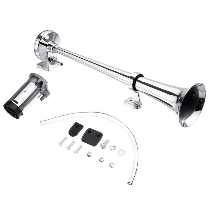 Claxon electric goarna cu compresor, Zola, 12V, 150 dB, universal, metal, plastic, 43 x 9 cm, argintiu