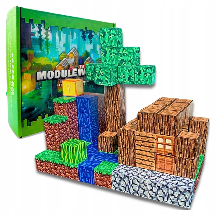 Set de constructie magnetice Module World, 107 piese, diverse imprimeuri, 2x2cm, pentru copii de la 6 ani