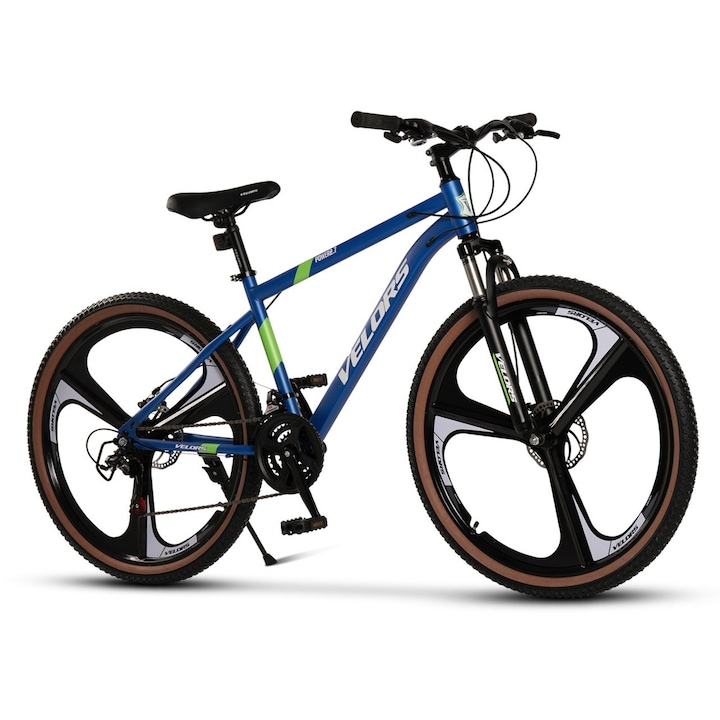 Bicicleta MTB de munte Velors Prime JSX27301M, cadru cu cabluri integrate, suspensie fata, roata 27.5 inch din magneziu, schimbator Shimano, frana disc fata/spate, 21 viteze, albastru cu verde