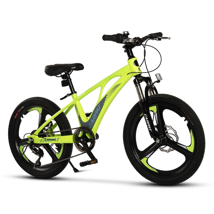 Bicicleta MTB de munte Carpat 3 Spoke JSX20343, cadru din Magneziu cu cabluri integrate, suspensie fata, roata 20 inch din magneziu, frana pe disc, 7 viteze, verde cu gri