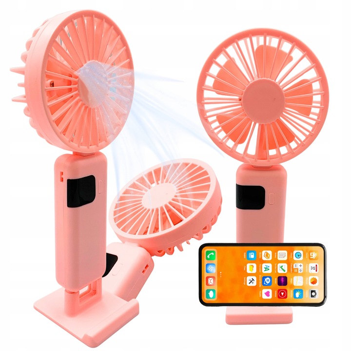 Mini USB ventilátor kijelzővel, rózsaszín, 5 sebességfokozat, 92x32x215mm, tartóval és szíjjal